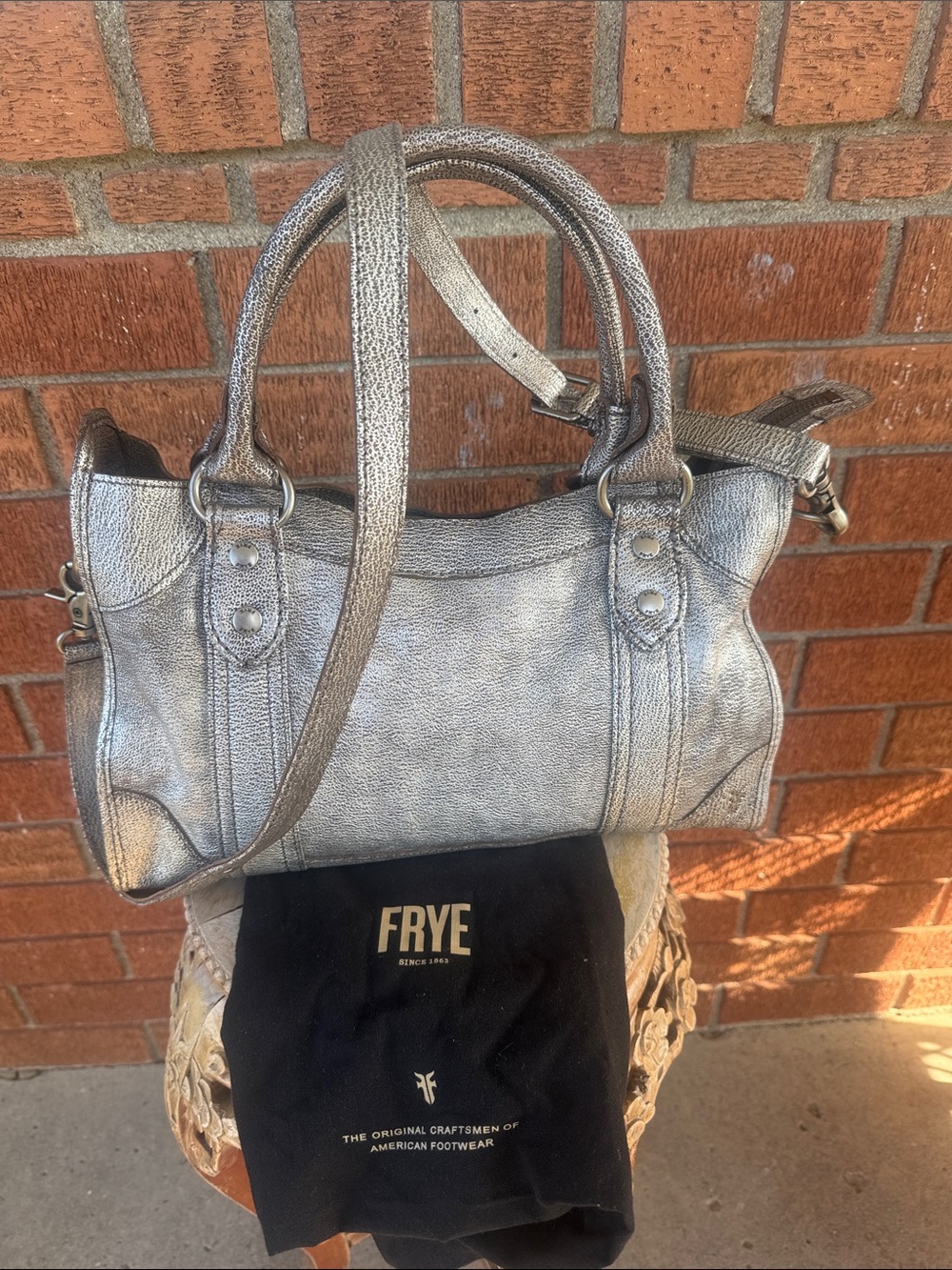 🤍🖤NWT FRYE Melissa Satchel Handbag In Silver Crackled Leather Metallic Leather 🖤